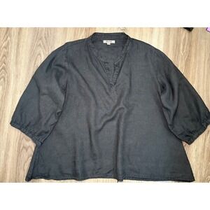 FLAX 100% Natural Linen Split Neck Tunic Top Black 3/4 Balloon Sleeve Size 1G